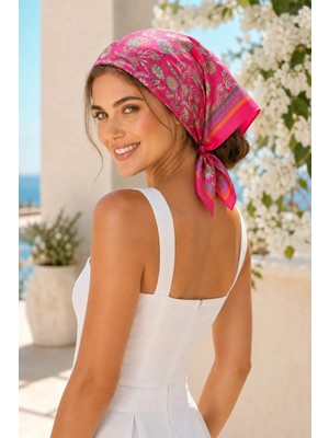 Dscarf Kadın Fuşya Desenli Saten Fular 70X70 cm - Bele ve Omza Bağlamalı Çiçekli Eşarp/fular