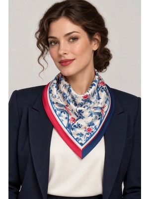 Dscarf Oriental Birds – Kuş ve Çiçek Desenli Kırmızı Lacivert Saten Fular 70×70 cm