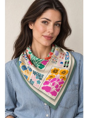 Dscarf Botanical Gallery – Modern Çiçek Desenli Yeşil Bordürlü Krem Saten Fular 70×70 cm