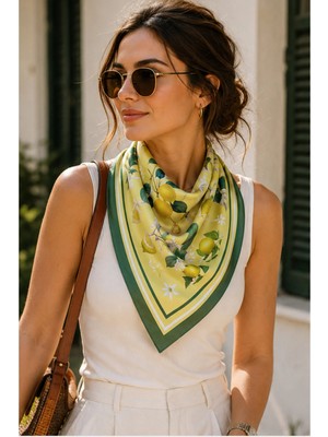 Dscarf Kadın Sarı Limon Desenli Saten Fular 70X70 - Kiraz Desenli Bele ve Omza Bağlamalı Meyveli Aksesuar