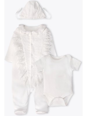 Bebetto Interlok Patikli Tulum Set 3lü (Pretty Gırl) Ekru