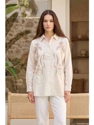 Lale Butik Nakış ve Boncuk Detaylı Gömlek 17034 BEJ02