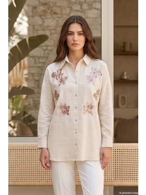 Lale Butik Önü Nakış Işlemeli Pul Detaylı Gömlek 17033 BEJ01