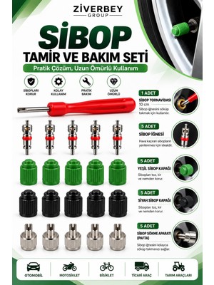 Ziverbey Group Sibop Tamir ve Bakım Seti – 5’li Sibop Iğnesi + 5’li Yeşil, Siyah ve Metal Sibop Kapağı + Sibop Tornavidası