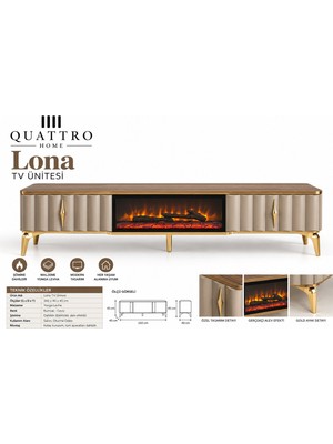 Quattro Home Lona Elektrikli Şömineli Kumsal Ceviz Gold Detaylı Tv Ünitesi 160 cm