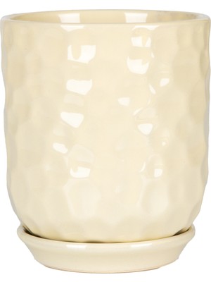 Herdekora Seramik Saksı Tabaklı Petek Dokulu Bej 14X15 Cm.