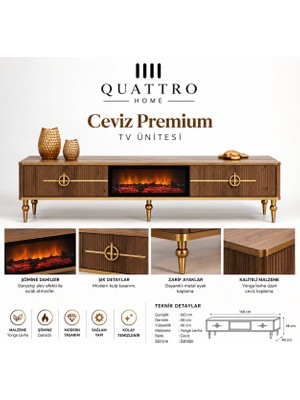 Quattro Home Ceviz Premium Elektrikli Şömineli Tv Ünitesi Gold Detaylı 160 cm