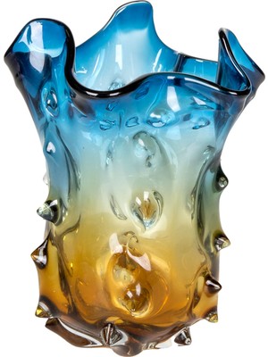 Herdekora Dekoratif Cam Vazo Geniş Ağızlı Mavi-Kehribar 20X32 Cm.
