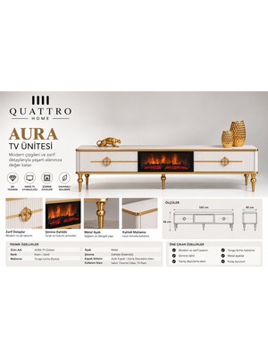 Quattro Home Aura Şömineli Tv Ünitesi Krem Gold Metal Ayaklı Modern Tasarım 160 cm