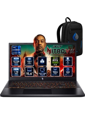 Acer Nitro V 15 I9-13900H 32 GB Ddr4 1 Tb SSD Rtx 5060 8 GB 15.6'' Fhd 165Hz Windows 11 Pro Gaming Laptop NH.QZAEY.003RNP10