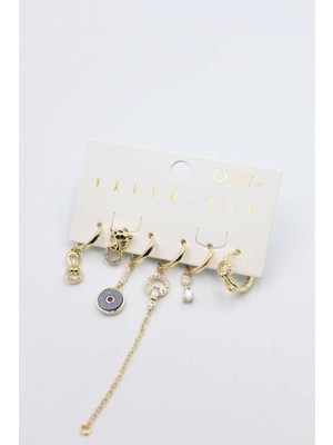Pileli Store Taşlı Set Küpe - Altın