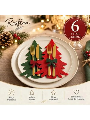 Rosfloa 6 Adet Fiyonklu Çam Ağacı Keçe Peçetelik&Çatal Kaşıklık–Yılbaşı Masa Süsü & Servis Sunum Aksesuarı