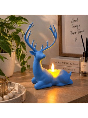 Piyatech Geyik Biblo Mumluk – LED Tealight Mumlu Dekoratif Masa ve Ev Süsü, 18 cm - Mavi