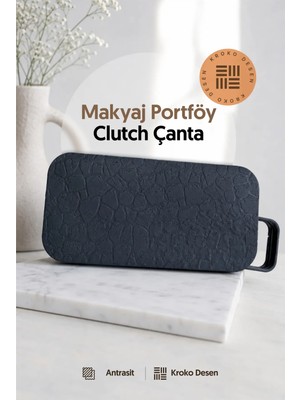 Lizy's Aroma Kokulu Kadın Makyaj Portföy Clutch Çanta Antrasit Kroko Desenli 22X11 cm