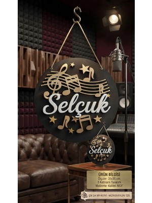 Pongee Müzik  Temalı Isme Özel Ahşap Duvar ve  Kapı Süsü - Lazer Kesim 3D Katmanlı  Oda Levhası & Doğum Hediyesi 35X35 cm