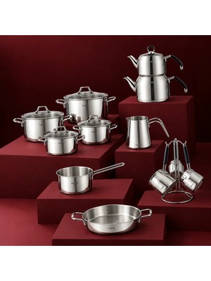 Nehir Elegant 19 Parça Paslanmaz Çelik Derin Tencere Seti Gümüş Renk 24 cm Ebatlarla
