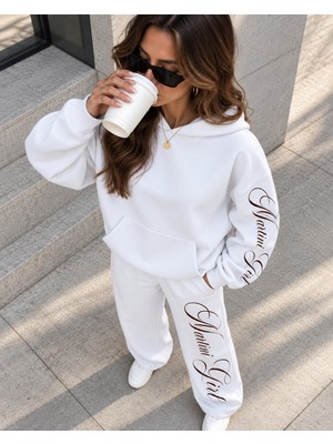 Macklin Unisex Kadın Erkek Martini Girl Kol Paça Baskılı Oversize 3 Iplik Kapüşonlu Sweatshirt ve Baggy Eşofman Altı