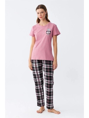 Beruflic Kadın Somon Ayıcık Baskılı Ekoseli Penye Pijama Takımı