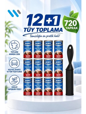 Dory Tüy Toplayıcı Rulo + 12 Yedek Rulo, Ergonomik Tasarım ve Yüksek Yapışma Gücü ile Ev Temizliği