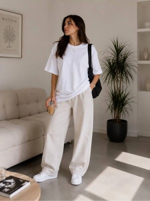 West Club Pamuklu Kadın Siyah Oversize Basic Tişört Bisiklet Yaka