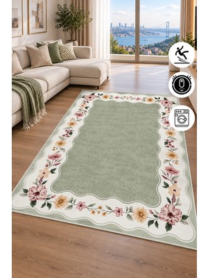 Pelura Halı Floral Çerçeve Desenli Baskılı Kaymaz Yıkanabilir Salon Oturma Odası Mutfak Balkon Halısı Yolluk