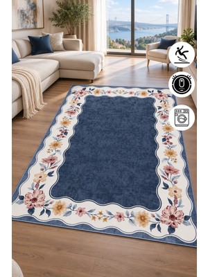 Pelura Halı Floral Çerçeve Desenli Baskılı Kaymaz Yıkanabilir Salon Oturma Odası Mutfak Balkon Halısı Yolluk