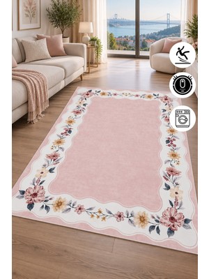 Pelura Halı Floral Çerçeve Desenli Baskılı Kaymaz Yıkanabilir Salon Oturma Odası Mutfak Balkon Halısı Yolluk