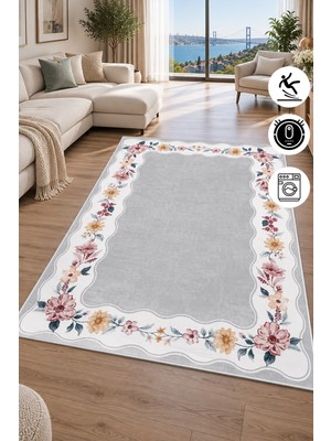 Pelura Halı Floral Çerçeve Desenli Baskılı Kaymaz Yıkanabilir Salon Oturma Odası Mutfak Balkon Halısı Yolluk