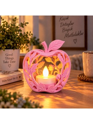 Piyatech Elma Figürlü Dekoratif Mumluk – Yaprak Desenli Tealight Mumluk, Dekoratif LED Mum Hediyeli - Pembe