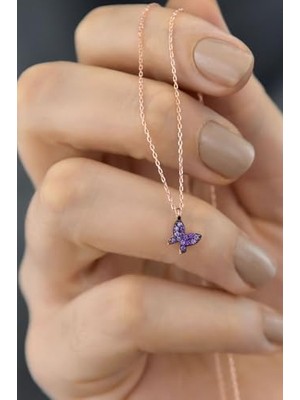925 Ayar Gümüş Ametist Taşlı Mini Kelebek Kadın Kolye
