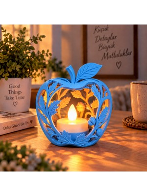 Piyatech Elma Figürlü Dekoratif Mumluk – Yaprak Desenli Tealight Mumluk, Dekoratif LED Mum Hediyeli - Mavi