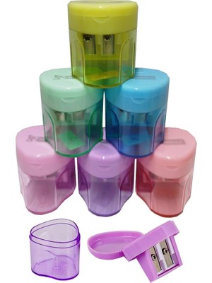Kalemtıraş Çift Bıçaklı Hazneli 6 Renk 1 Paket MK-4014 Üçgen Pastel Renkler Iki Bıçaklı Jumbo Kalemtraş Kalem Açaçagı Plastik