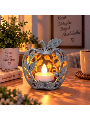 Piyatech Elma Figürlü Dekoratif Mumluk – Yaprak Desenli Tealight Mumluk, Dekoratif LED Mum Hediyeli - Gri