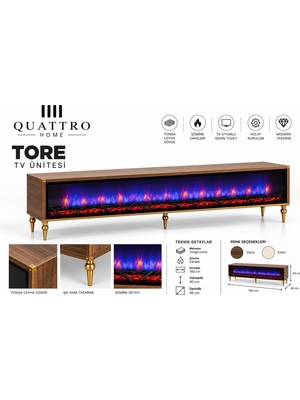 Quattro Home Tore Şömineli Tv Ünitesi Ceviz Gold Detaylı Modern Tasarım 160 cm
