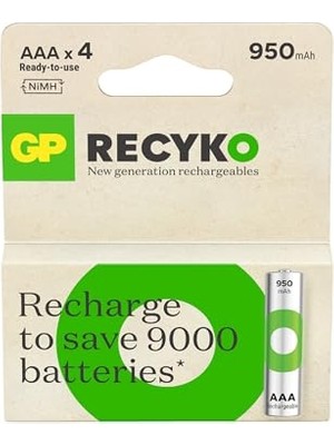 Recyko 950 Aaa Ince Kalem Ni-Mh Şarjlı Pil, 1.2 V, 4'lü Kart