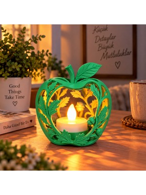 Piyatech Elma Figürlü Dekoratif Mumluk – Yaprak Desenli Tealight Mumluk, Dekoratif LED Mum Hediyeli - Yeşil