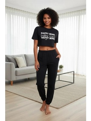 Beruflic Kadın Siyah Baskılı Crop T-Shirt Pantolon Takım Rahat Günlük Spor Şık Ikili Set
