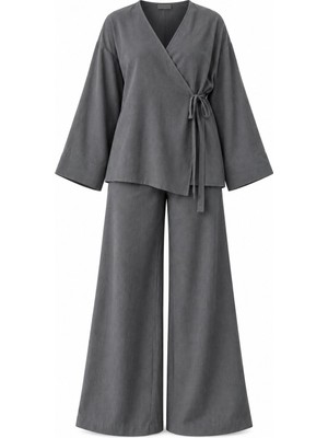 Laluvia Antrasit Kruvaze %100 Pamuk Kimono Pantolon Takım - 3Y003