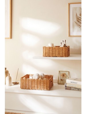 Ocean Home Textile 2'li Yıkanabilir Bej Pp Rattan Sepet Set 30 x 20 x 11 / 36 x 26 x 12 cm