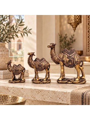İki Yedi Konsept 3'lü Bronz Gold Deve Biblo Seti 771 Desenli Eyerli Otantik Heykel Salon Konsol Objesi Ev Hediyesi