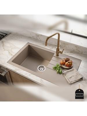 Real Stone Realstone Assos 76 Xl P010 Granit Evye 760X435 mm Tek Göz Damlalıklı Mutfak Evyesi - Realstone P010 Assos 76 Xl Cappuccino