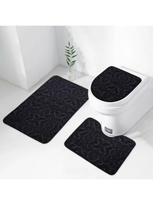 3'lü Siyah Ultrasoft Desenli Klozet Takımı, Banyo Halısı ve Paspas Seti