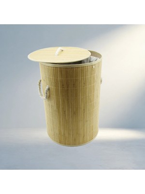 Aslanoğlu Store Kapaklı Yuvarlak Bambu Ahşap Kirli Çamaşır Sepeti 35X60CM