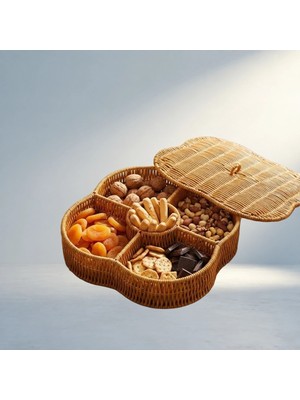 Aslanoğlu Store Şık Kapaklı 5 Bölmeli Rattan Organizer Kutu - Çok Amaçlı Saklama Sepeti