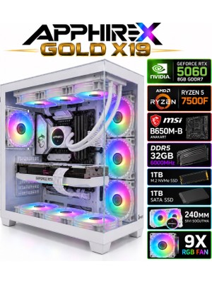 Apphirex Gold X19 Ryzen 5 7500F/MSİ B650M-B/GEFORCE RTX5060/32GB Ddr5 6000MHZ/2TB SSD/240MM Sıvı Soğutmalı Beyaz Masaüstü Oyuncu Bilgisayarı