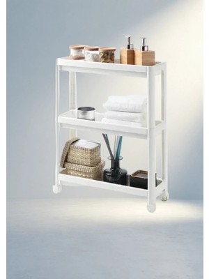 Aslanoğlu Store Pratik Tekerlekli Beyaz Katlı Raf Ünitesi 54 cm Banyo Mutfak