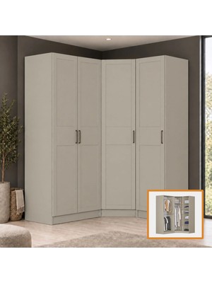 Rani Mobilya Rani BA398 Membran Kapaklı Modüler Köşe Gardırop 4 Kapaklı Raflı Askılı Elbise Dolabı Kumtaşı