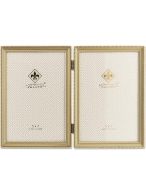Antik Pirinç 5 x 7 Hinged Double Picture Menteşeli Çiftli Fotoğraf Çerçevesi, Boncuk Bordür Tasarımı