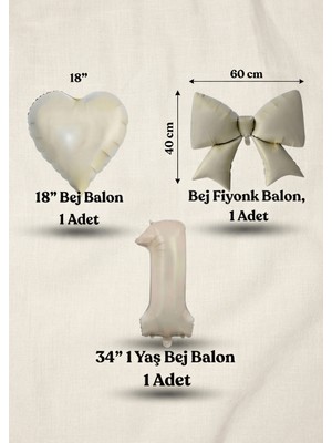 Çavuş E-Ticaret 1 Yaş Bej Doğum Günü Seti Krem (Bej) Renk Kalp Fiyonk(Kurdele) Rakam Folyo Balon Seti