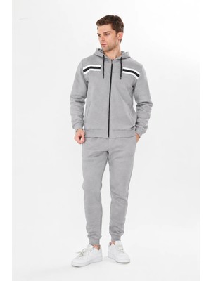 Trendhill Erkek Kapüşonlu Şerit Detaylı Eşofman Takımı Gri MELANJ-9521